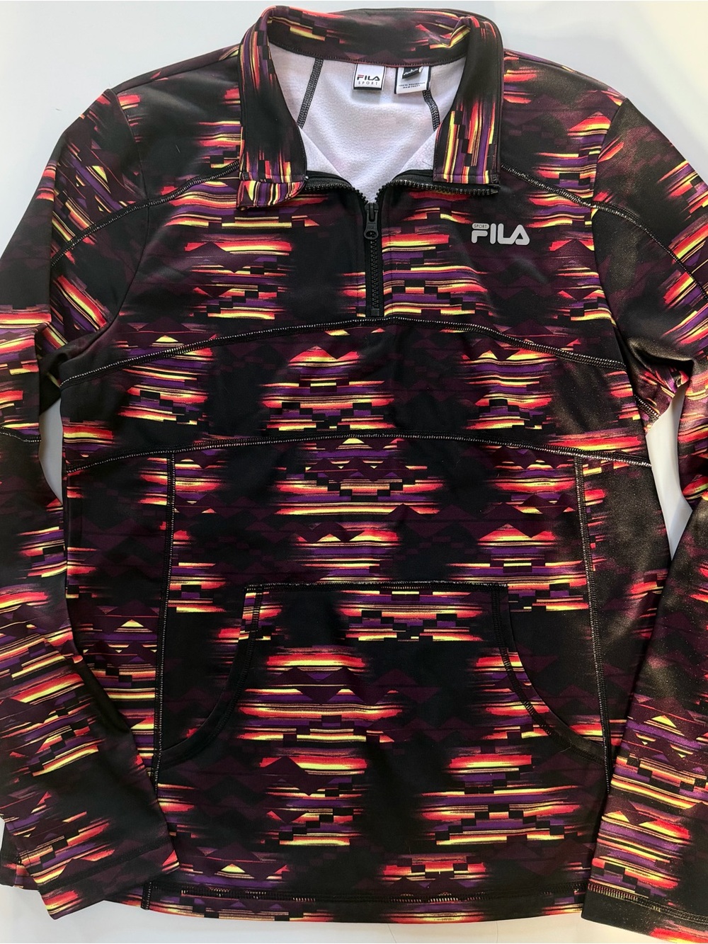 FILA women’s Quarter-Zip Pullover sweatshirt - Black with Sunset Pattern